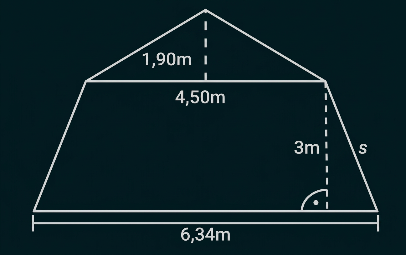 Trapezförmige Figur mit Maßangaben 6,34 m, 4,50 m, 3 m, 1,90 m und Seite s.